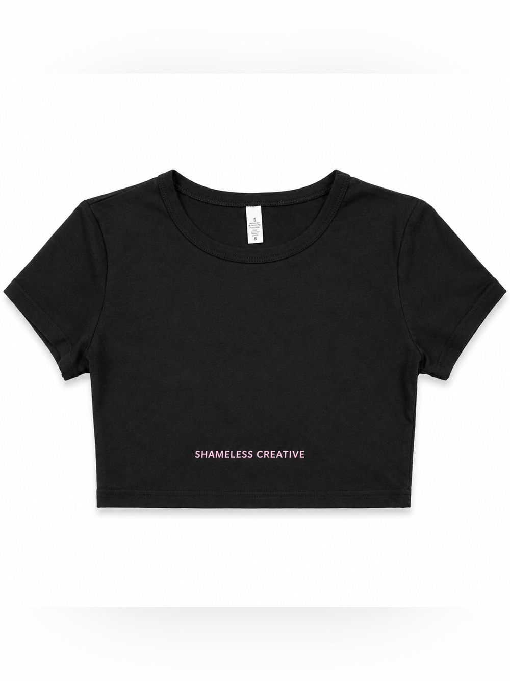 BLACK SHORT SLEEVE SHAMELESS CREATIVE CROP TOP WITH PINK LETTERING